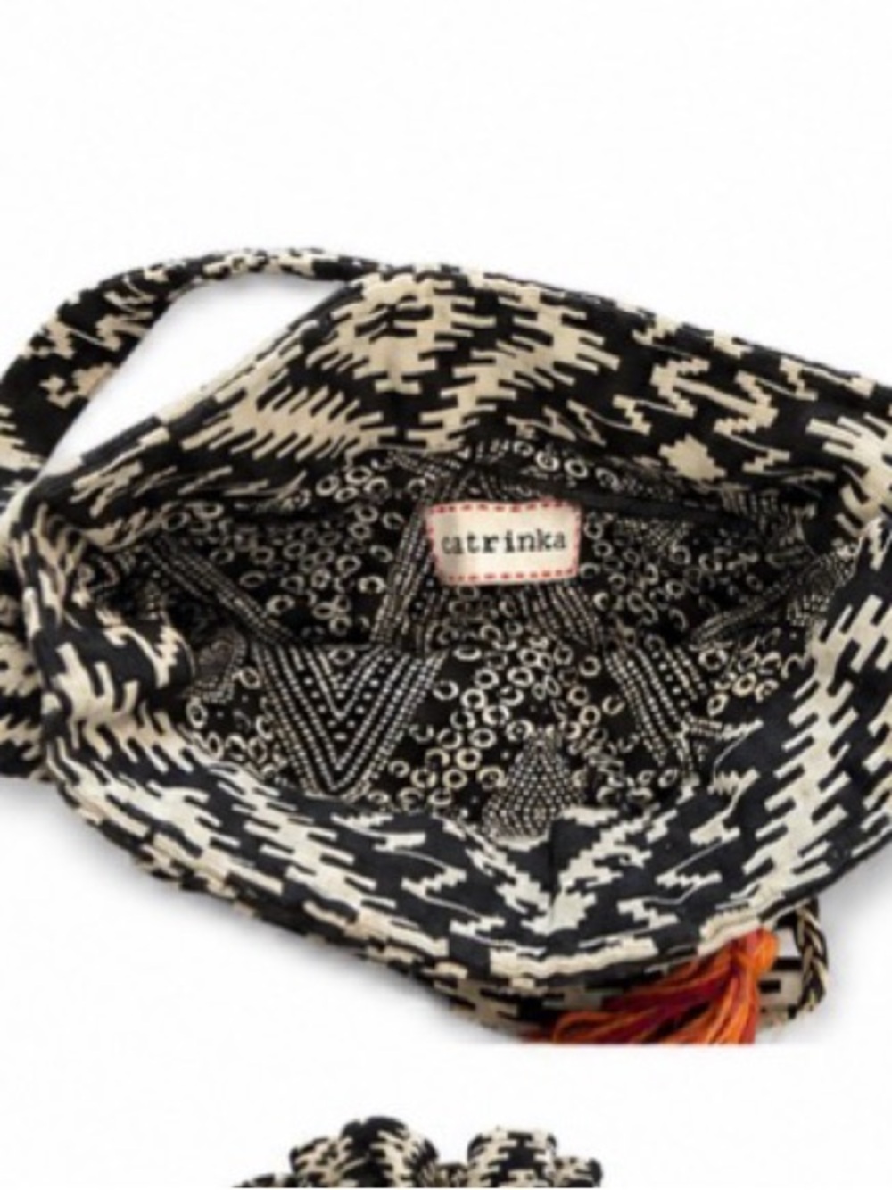 Boho Geometric Black & Cream Woven Drawstring Crossbody Bag with Orange Tassels - Picture 3 of 3